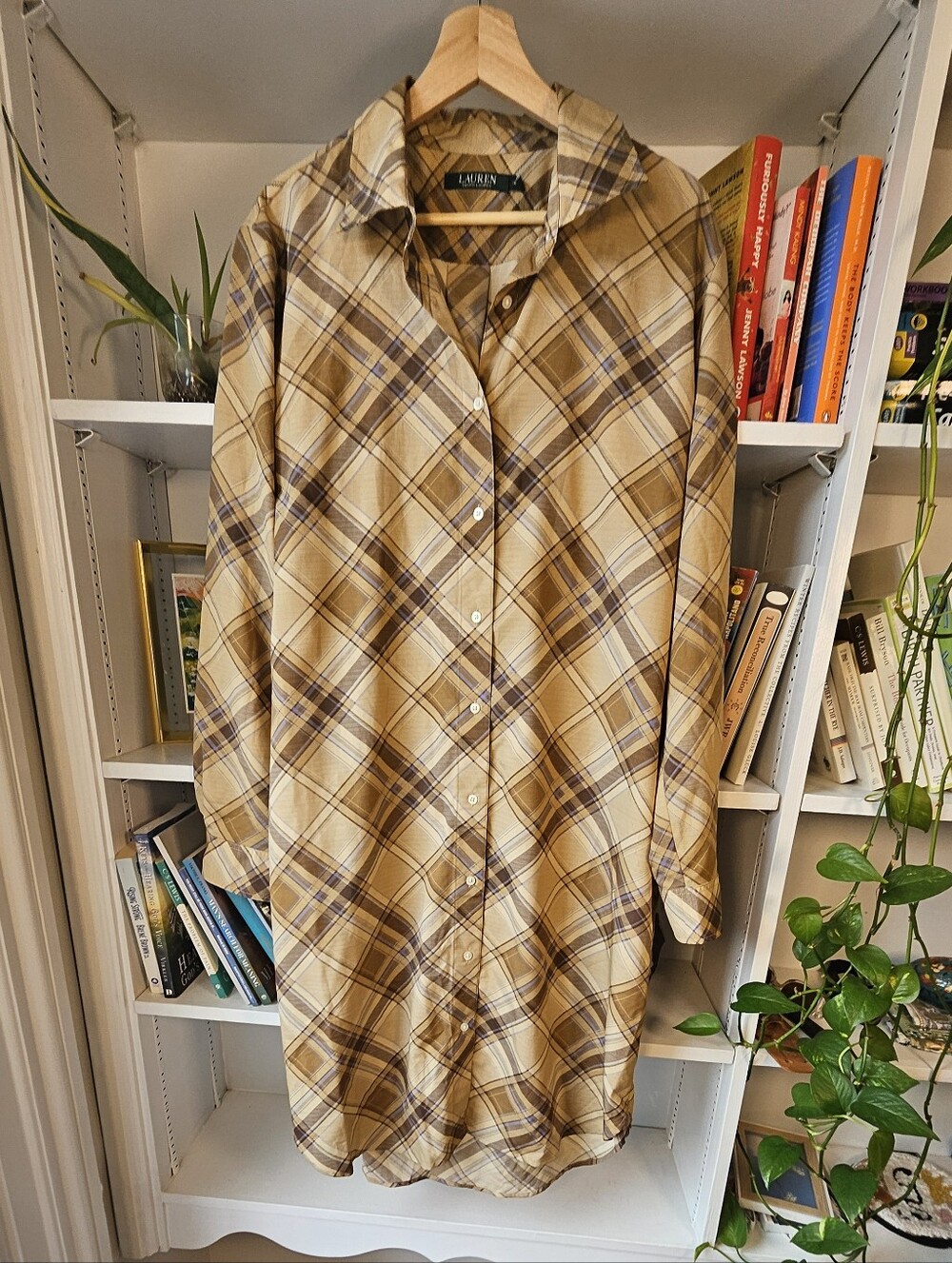 Lauren Ralph Lauren Plaid Dress Beige Brown Button-Down Size 18 / XL Preppy
